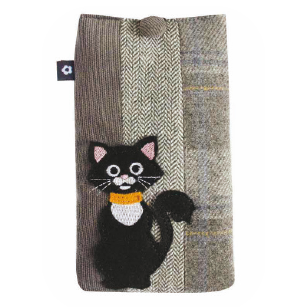 Tweed applique glasses case - black cat