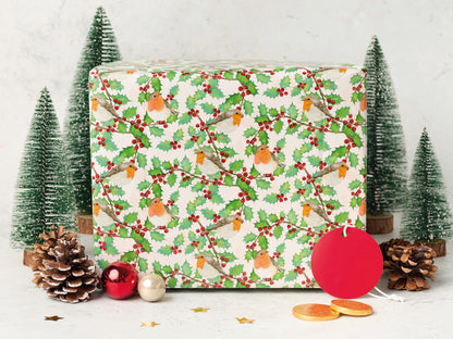 Holly, berries and robins wrap and tags
