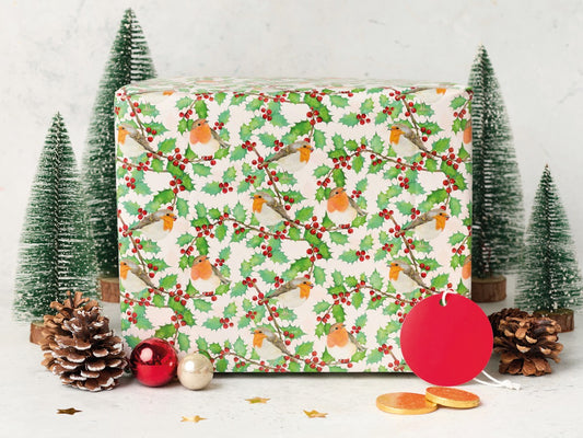 Holly, berries and robins wrap and tags