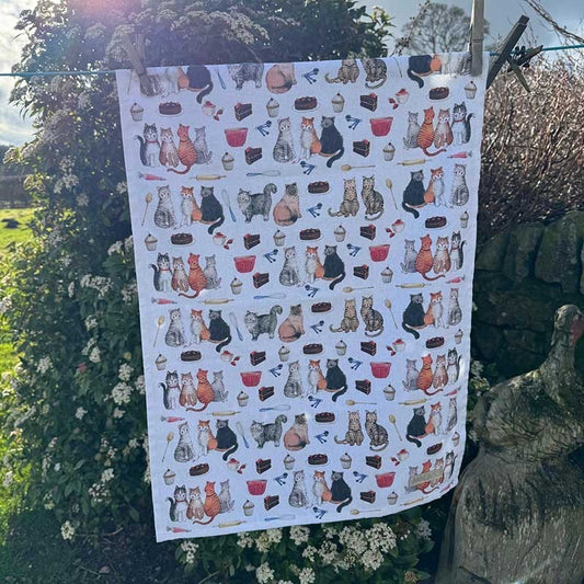 Cats and cakes tea towel