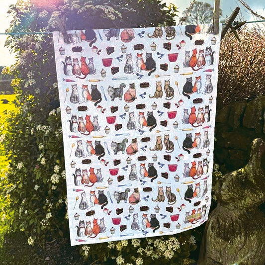 Cats and cakes tea towel