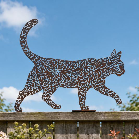 Prowling cat fence decoration