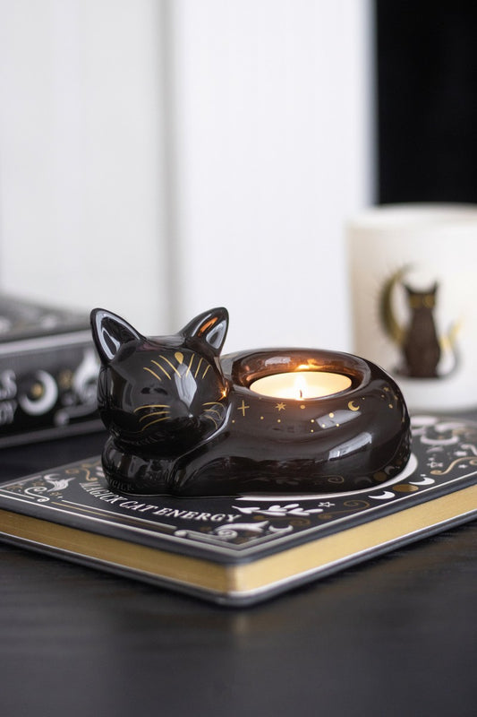 Curled black cat tealight holder