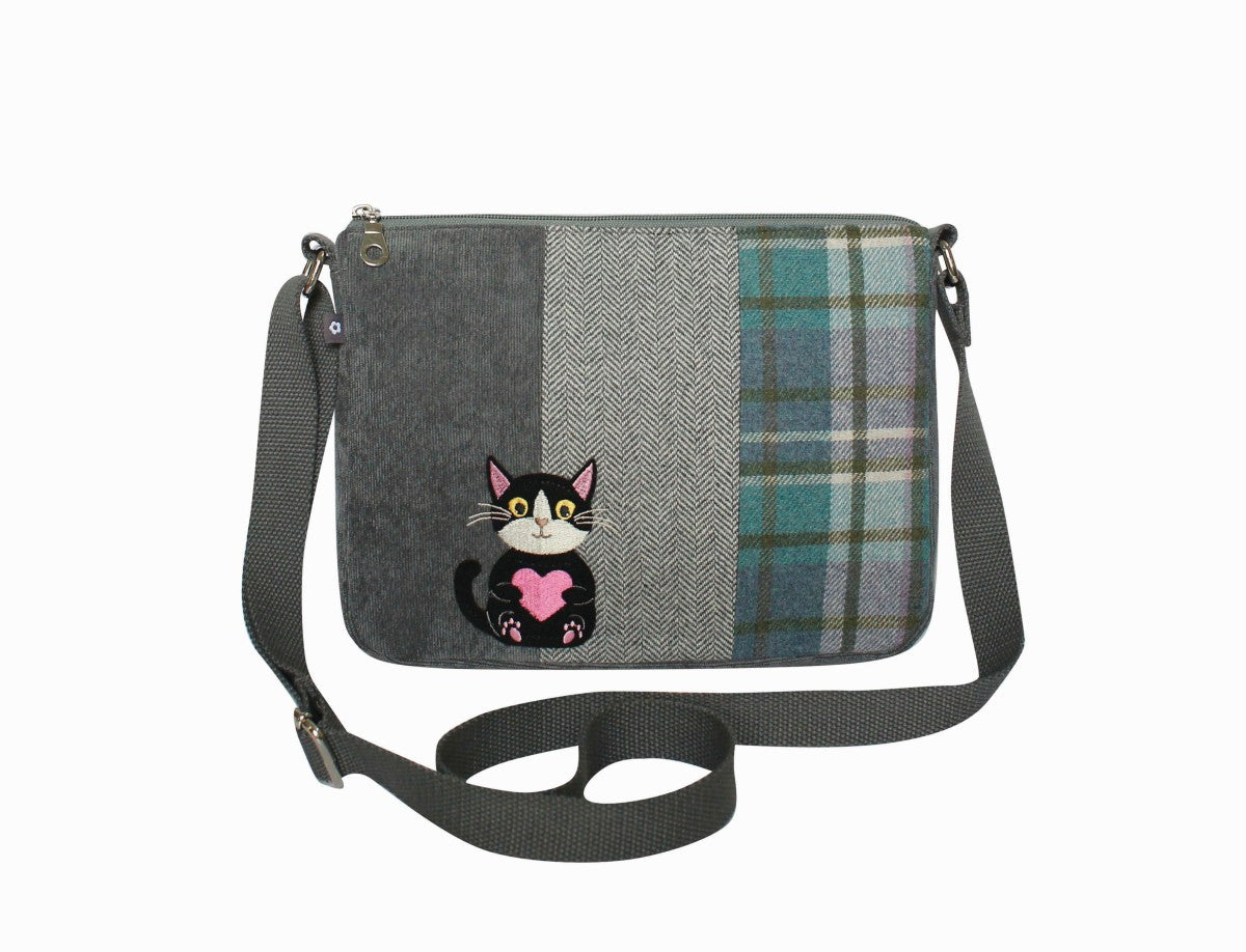 Tweed messenger bag - cat and heart