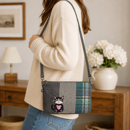 Tweed messenger bag - cat and heart