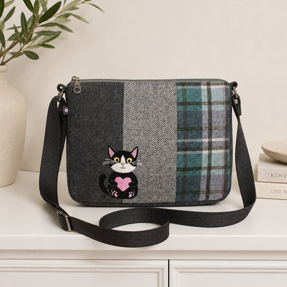 Tweed messenger bag - cat and heart