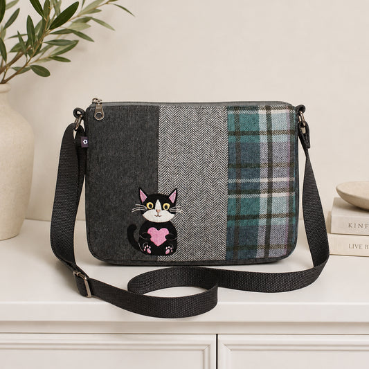 Tweed messenger bag - cat and heart